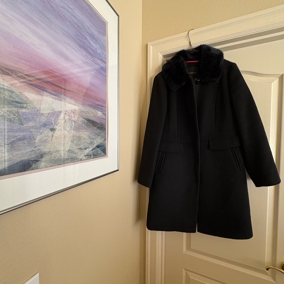 Talbots Black Wool Coat Removeable Faux Fur Collar SIze 8 $289 Polka Dot Lining - Picture 2 of 5